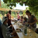 Essen unter rankendem Wein
